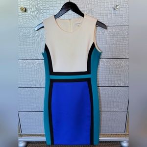 Calvin Klein Colorblocked  Scuba Sheath Dress, Blue and Green Combo, Size 8